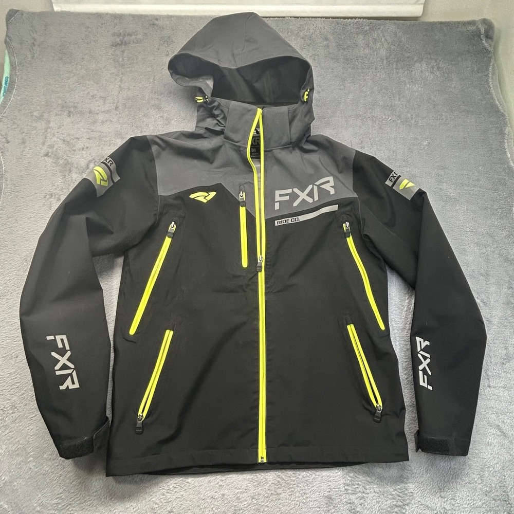 FXR Tech Gear Ride Co Mens Hooded Shell Jacket Black Neon Yellow Size Medium